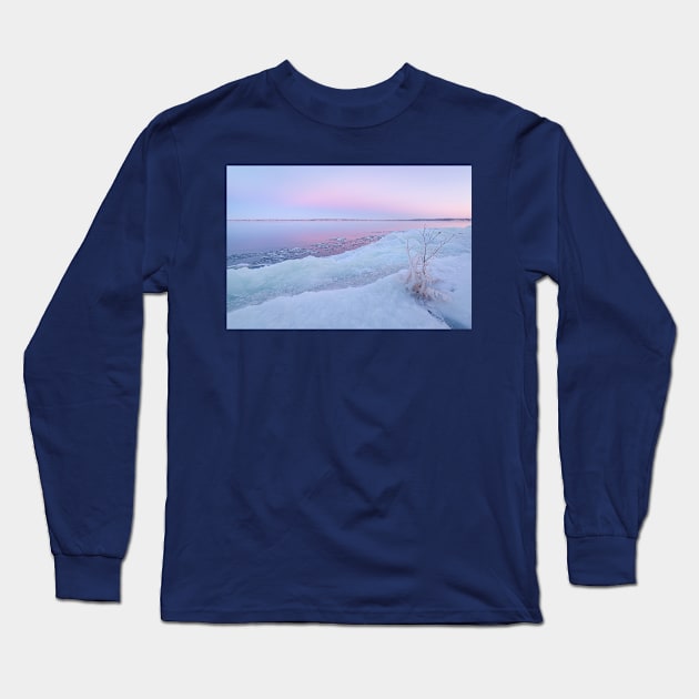 Lake shore scenery at dusk winter in Finland Long Sleeve T-Shirt by Juhku